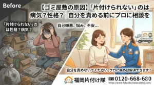 【福岡のゴミ屋敷片付け】原因はストレス？自分を責めずに秘密厳守の「福岡片付け隊」へご相談を