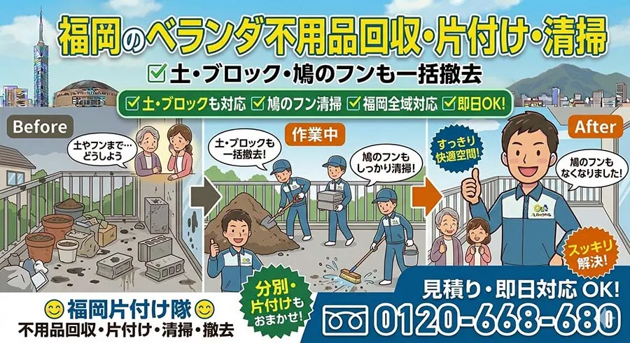福岡のベランダ不用品回収・片付け・清掃。土・ブロック・鳩のフンも一括撤去