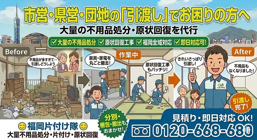 市営・県営・団地の「引渡し」でお困りの方へ｜大量の不用品処分・原状回復を代行