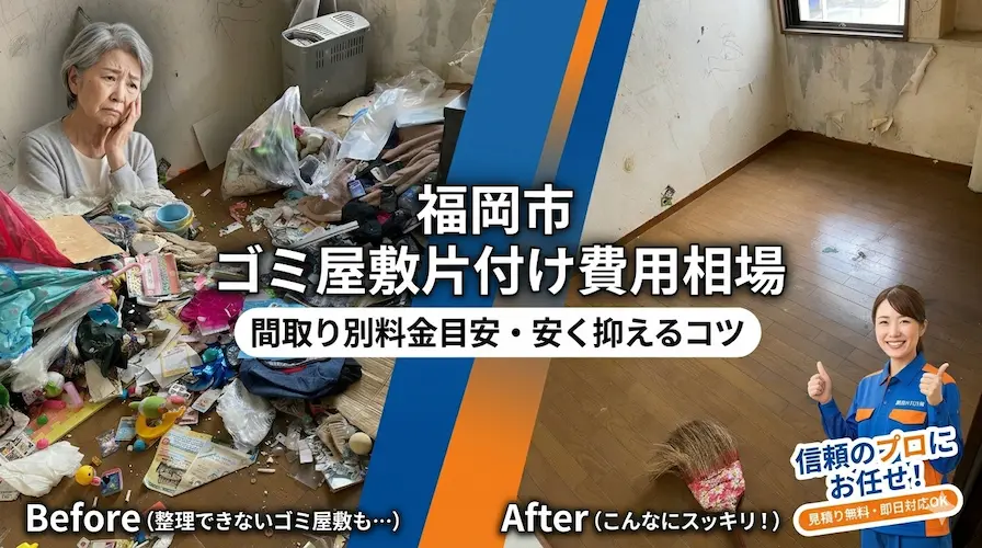 福岡市でのゴミ屋敷片付け費用相場。ビフォーアフター写真と困っている高齢者のイメージ