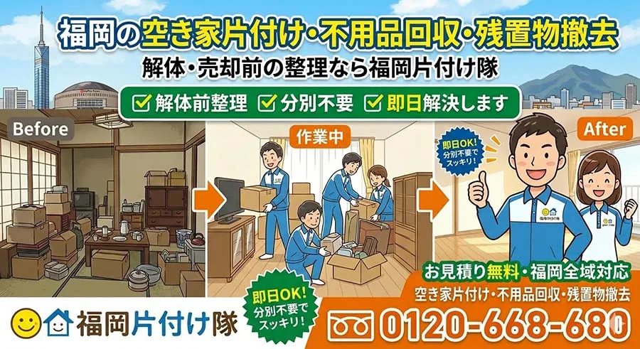 福岡の空き家片付け・不用品回収・残置物撤去。解体・売却前の整理なら福岡片付け隊
