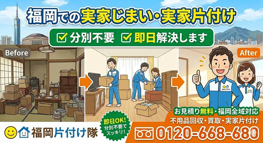 福岡での実家じまい・実家片付け。福岡片付け隊が「分別不要」で即日解決します。