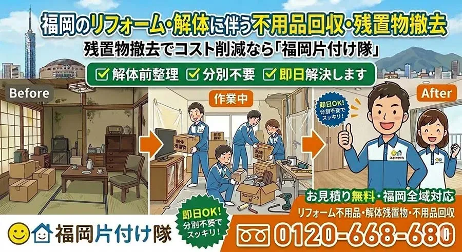 福岡のリフォーム・解体に伴う不用品回収。残置物撤去でコスト削減なら「福岡片付け隊」