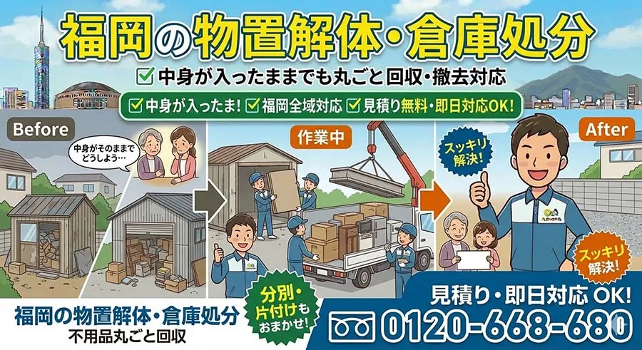 福岡の物置解体・倉庫処分。中身が入ったままでも丸ごと回収・撤去