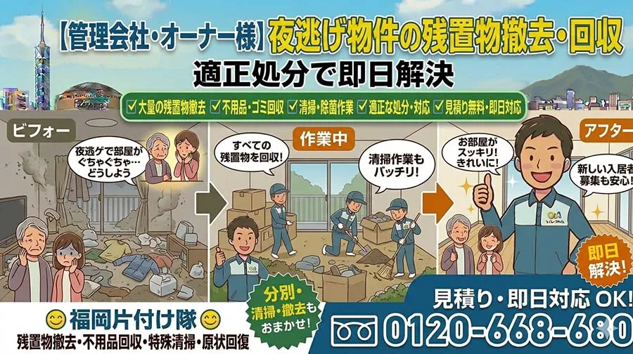 【管理会社・オーナー様】夜逃げ物件の残置物撤去・回収。適正処分で即日解決