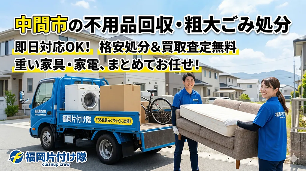 中間市の不用品回収なら福岡片付け隊。即日対応OK.格安処分＆買取査定無料。重い家具・家電、まとめてお任せ