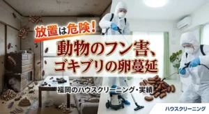 放置は危険。動物のフン害、ゴキブリの卵蔓延。 福岡のハウスクリーニング実績
